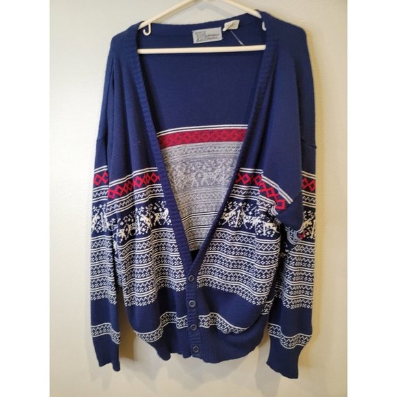 VTG Masterpiece Apparel Large Men's Grandpa Cardigan Blue Fair Isle Sweater - Picture 2 of 5